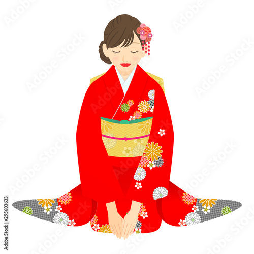 座っている赤い振袖を着た女性　04