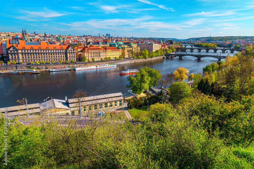 Spectacular cityscape panorama with bridges and river, Prague, Czech Republic