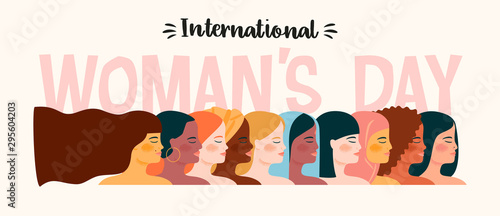 International Womens Day. Vector illustration with women different nationalities and cultures.