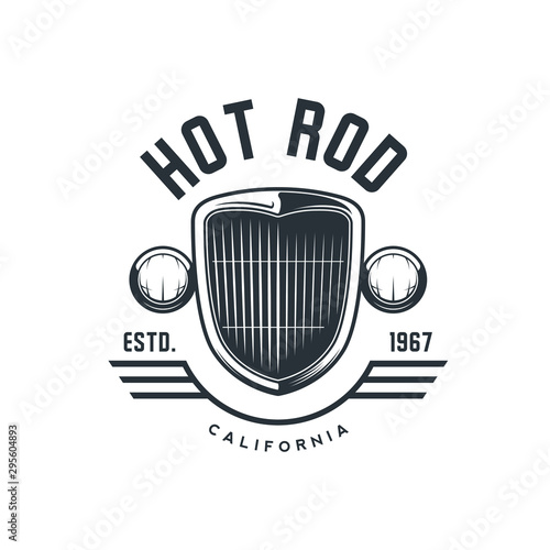 Hot rod emblem, logo, banner. Vintage t-shirt print
