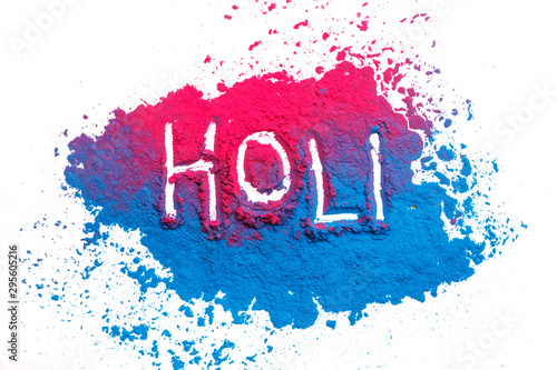 Abstract colorful Happy Holi background. Color vibrant powder isolated on white. Dust colored splash texture. Flat lay holi paint decoration