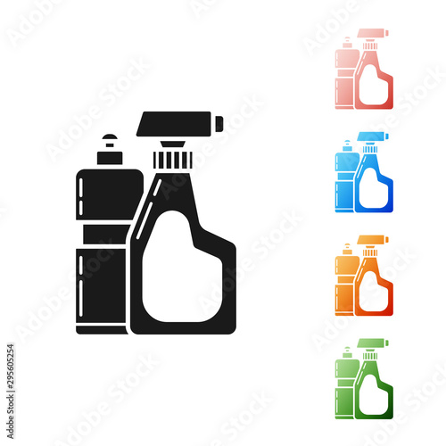 Black Plastic bottles for liquid laundry detergent, bleach, dishwashing liquid or another cleaning agent icon isolated on white background. Set icons colorful. Vector Illustration