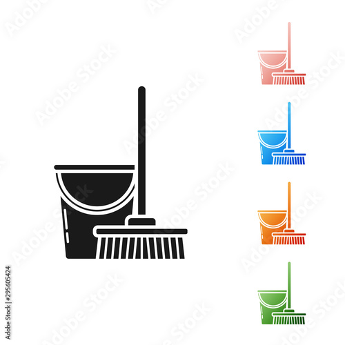 Black Mop and bucket icon isolated on white background. Cleaning service concept. Set icons colorful. Vector Illustration