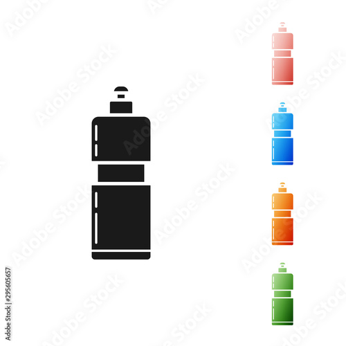 Black Plastic bottle for liquid laundry detergent, bleach, dishwashing liquid or another cleaning agent icon isolated on white background. Set icons colorful. Vector Illustration