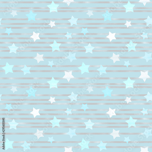 Seamless pale blue pattern with foil stripes and stars