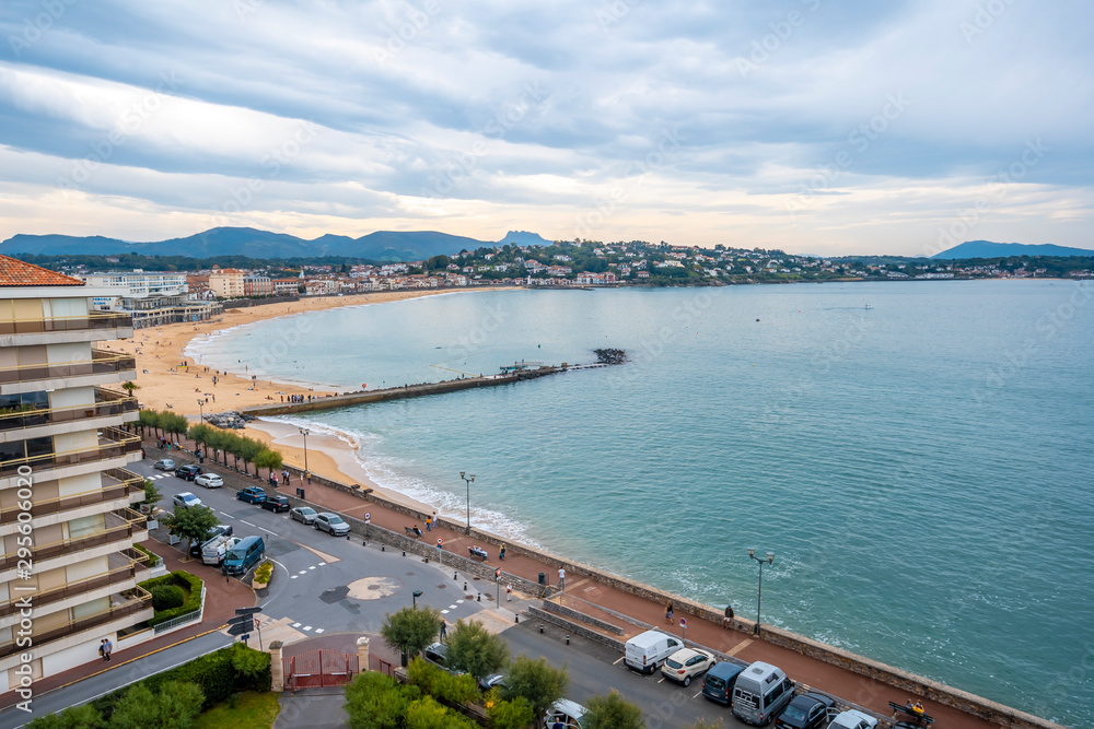 Saint Jean de Luz, France »; October 12, 2019: Aerial view of the beach of the beautiful village of Saint Jean de Luz and a cloud at the top