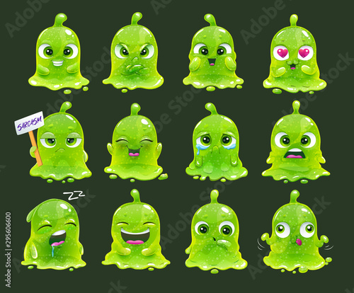 Comic slimy aliens. Funny cartoon green slime characters.