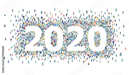 New Year 2020 concept illustration. 2020 made of many little people in business and casual clothes. Living, working and celebrating together. 
