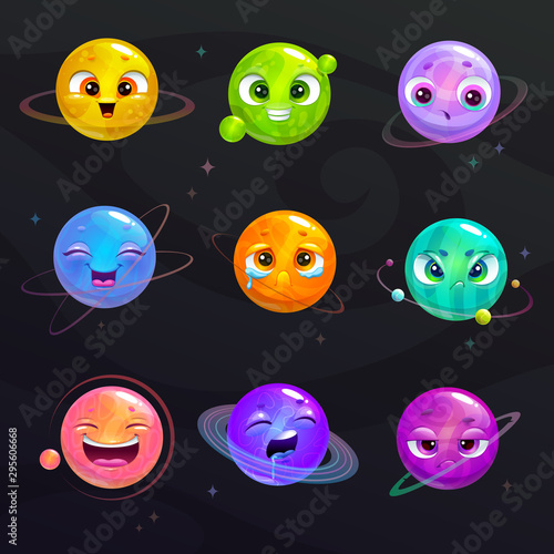 Funny cartoon colorful planets with cute faces on space background.