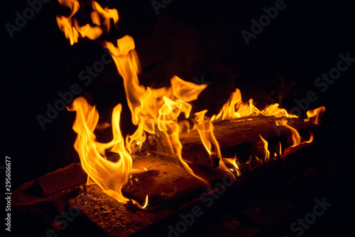 Bright, strong fire. A fire is burning. Tongues of flame