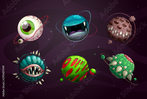 Evil planet concept. Scary monster planets set. Fantasy cosmic assets for game design.