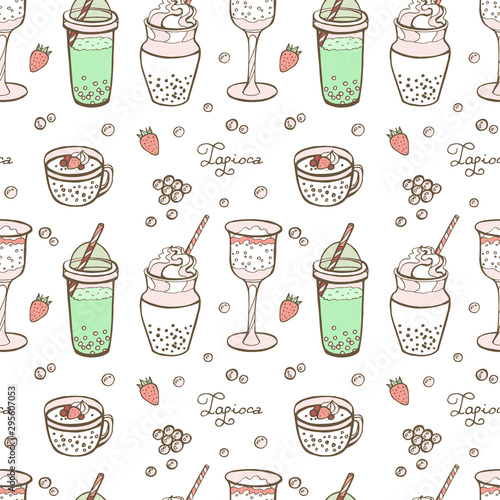 Bubble milk tea funny seamless pattern. Hand drawn kawaii smiled drinks. Cute cartoon vector illustration. Colorful background with ice tea characters