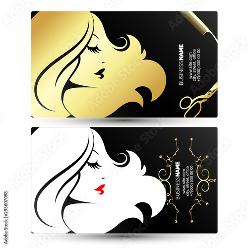 Girl profile golden business card for beauty salon and hairdresser