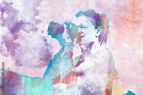 The girl with the camera. illustration for a card or poster. Print on clothes. Fashion & Style. watercolor
