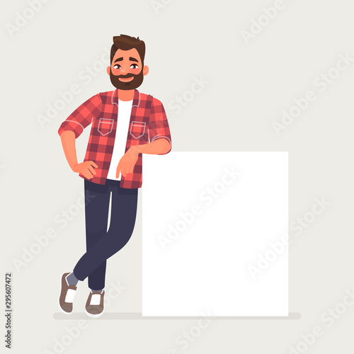 Bearded man is leaning on a blank poster. A place to post your advertisement or other information. Advertising