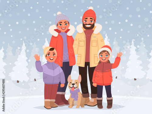 Happy family on a background of a winter snowy landscape. Parents and children on outdoor