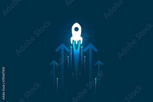 Up rocket and arrows on blue background illustration, copy space composition, business growth concept. photo