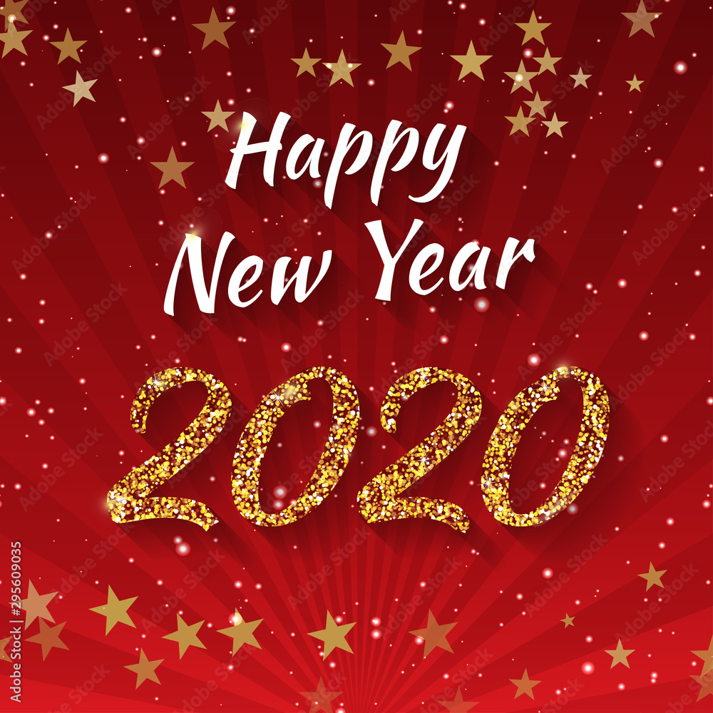 Happy New Year 2020 - glitter vector typography lettering against gradient red  background. Shiny golden font illustration for winter holidays for invitation or greeting/wishes card or sent online.
