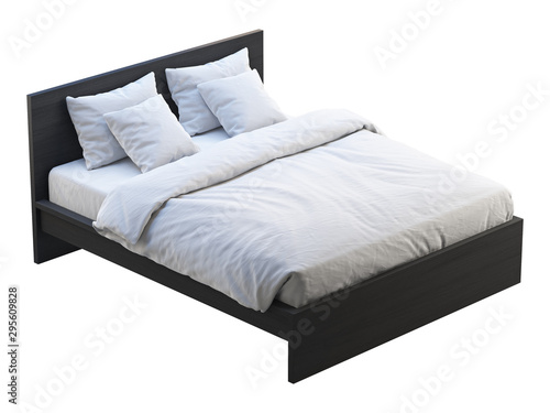 Black wooden double bed with white linen. 3d render