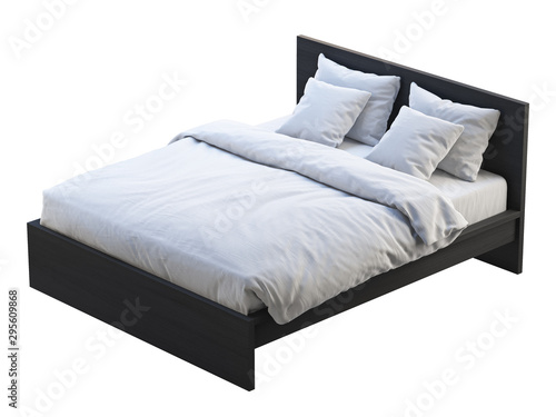 Фотография Black wooden double bed with white linen. 3d render