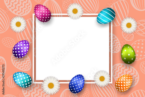 Happy Easter background, pastel textured eggs, chamomile. Decoration paper frame. Greeting Easter 3D card. Border template, empty space. Holiday design poster, banner, invitation. Vector illustration