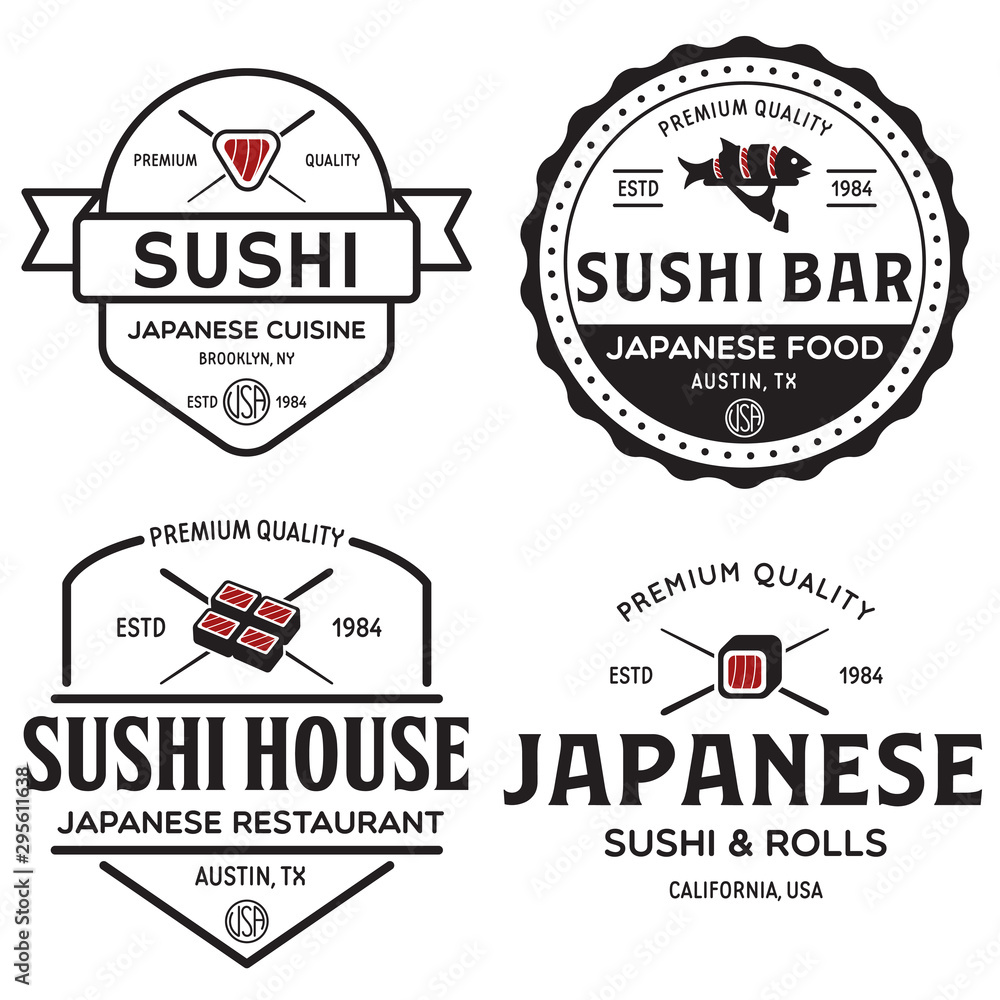 Fototapeta premium Sushi shop labels and badges design templates set vector, japanese food logos design.