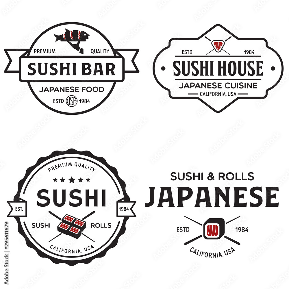 Fototapeta premium Sushi shop labels and badges design templates set vector, japanese food logos design.
