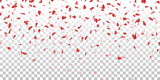 Heart falling confetti isolated white transparent background. Red fall hearts. Valentine day decoration. Love element design, hearts-shape confetti wedding card, romantic holiday. Vector illustration
