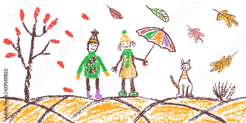 Crayon hand drawing cozy autumn outdoor banner background. Boy, girl, cat, tree, umbrella, falling leaves on white. Like kids drawn doodle simple vector style. Pastel chalk or pencil child painting