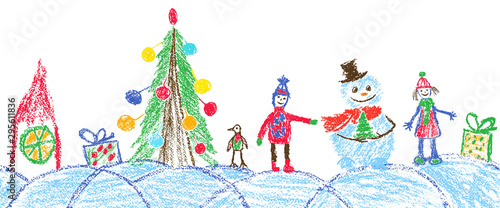 Like child hand drawing christmas space seamless border. Crayon, pastel chalk or pencil funny sketch doodle tree, ball, snowman, kid, boy, gift box, snow, hut. Vector background simple style.
