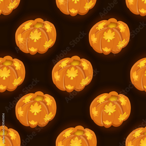 Seamless pattern with luminous festive pumpkins on a dark background