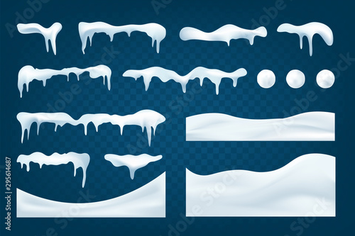 Realistic snowdrifts collection. Winter snowy abstract background. Frozen landscape with snow ice caps. Decoration for Christmas or New Year. Vector illustration.