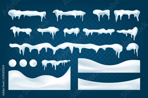 Realistic snowdrifts collection. Winter snowy abstract background. Frozen landscape with snow ice caps. Decoration for Christmas or New Year. Vector illustration.