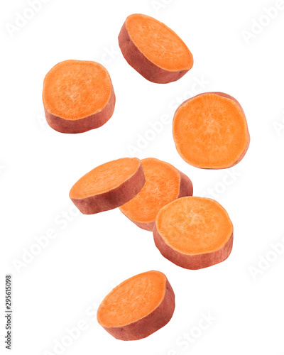 Cuadro en lienzo Falling sweet potato, slice, isolated on white background, clipping path, full d