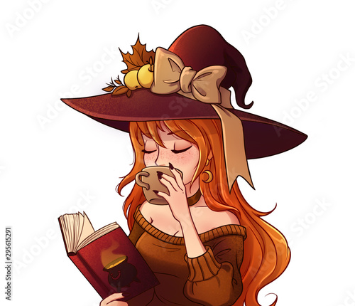 Canvastavla Young witch is drinking coffee and reading book