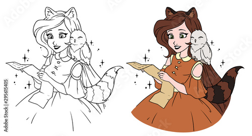 Pretty cartoon girl with adorable owl. Girl with raccoon ears and tail reading the letter. Hand drawn vector illustration. Can be used for coloring book, tattoo, sticker, card, t shirt design.