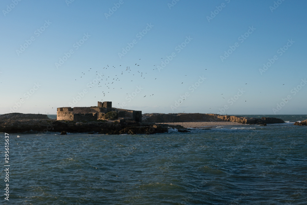 Walled city of Essaouira in Morocco on sunset with white waves splashes on the rocks and shallow depth of field