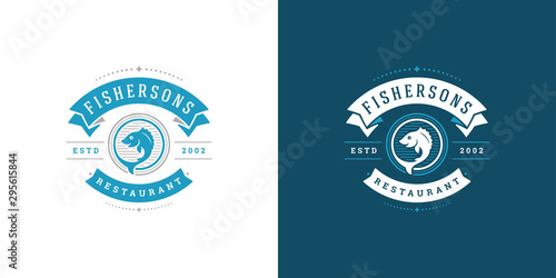 Seafood logo or sign vector illustration fish market and restaurant emblem template design fish with helm silhouette