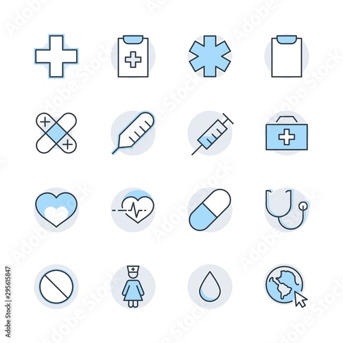 Set of Medicine vector line icons. It contains the first aid kit, nurse, syringe, thermometer, plastic, pills, heart, drop of blood, palpitation and much more. Editable Stroke. 32x32 pixels.