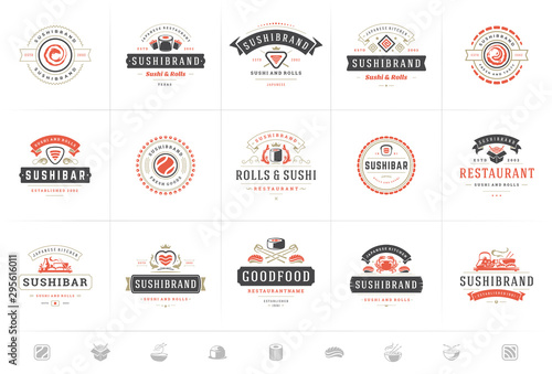 Sushi restaurant logos and badges set japanese food with sushi salmon rolls silhouettes vector illustration