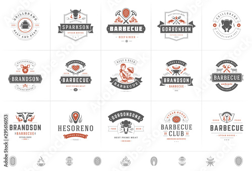 Grill and barbecue logos set vector illustration steak house or restaurant menu badges with bbq food silhouettes