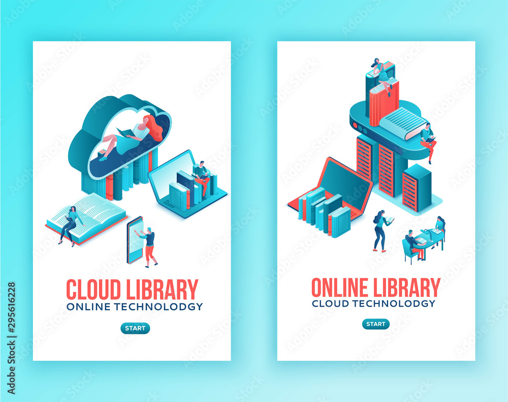 Library online isometric , cloud computing mobile template set, people read books on laptop, smartphone, gadgets, modern technolodgy, vertical layout