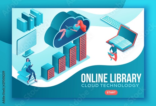 Library online isometric landing page, digital education concept, people read book on laptop, study dictionary at university, cloud computing, information database, website template design