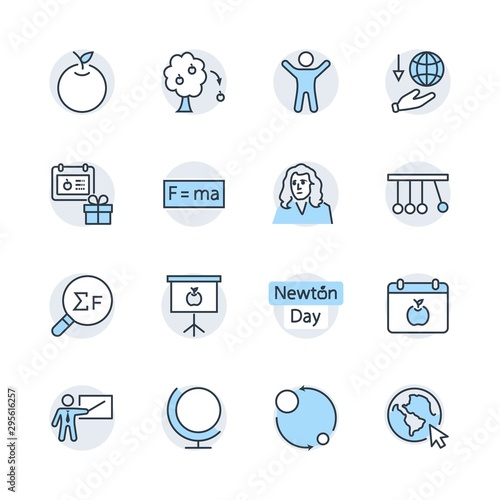 Newton's Day Set Line Vector Icon. Contains such Icons as Newton, Laws of physics and gravity, Flying Apple, Calendar, Teacher, blackboard and projector Editable Stroke. 32x32 Pixel Perfect