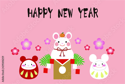 ねずみ年用年賀状（100ｍｍ×148ｍｍサイズをADOBE用に4倍にして作成）：ネズミ鏡餅と紅白のねずみダルマ