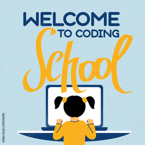 A square image of the girl who studies coding. A vector image for a flyer or a poster for the chidren coding school. Blue and yellow colors