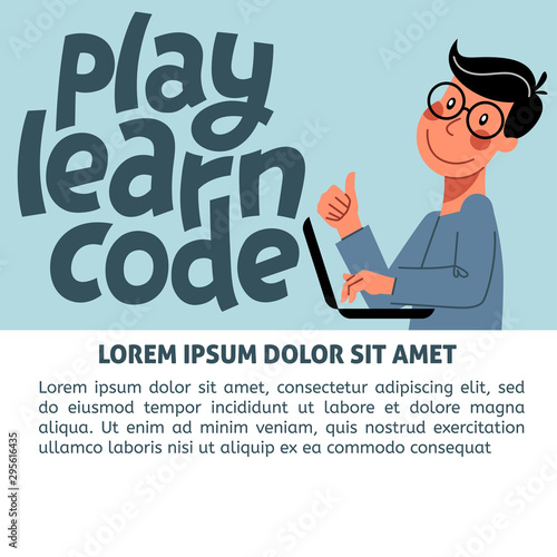 An image of the boy who studies coding. A vector image for a flyer or a poster for the chidren coding school. Blue and white colors