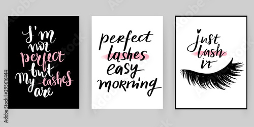 Set with fashion cards with inspiration quote about girls, lashes, makeup.