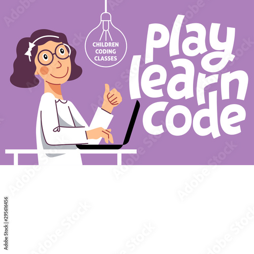 A horizontal image of the girl who studies coding. A vector image for a flyer or a poster for the chidren coding school. Purple and white colors