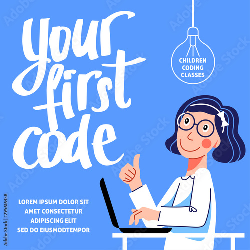 A square image of the girl who studies coding. A vector image for a flyer or a poster for the chidren coding school. Blue and white colors